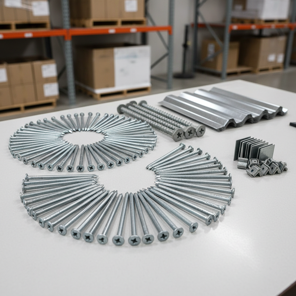 A close-up photographic view of assorted framing fasteners arranged with precision on a clean, light gray workbench surface. Long framing nails, self-tapping screws, and structural wood screws in different sizes form orderly radial patterns, their zinc and galvanized finishes catching the light. Beside them, a neatly stacked sample of corrugated metal roofing sheets and smooth structural steel brackets provides context for framing applications. The scene is set in a modern warehouse showroom corner, with blurred pallets and shelves in the background. Soft, even studio-style lighting from above and slightly to the side creates controlled highlights on the metallic textures and gentle, professional shadows. Captured from a slightly elevated angle using shallow depth of field, the composition centers on the crisp details of threads, heads, and coatings, emphasizing quality, precision, and reliability for wholesale buyers in Brownsville, TX.