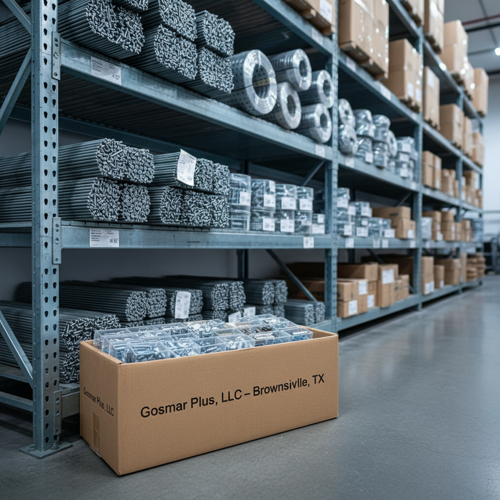 A neatly organized display of construction framing materials on industrial metal shelving, featuring stacked bundles of galvanized steel nails, bright zinc-plated screws, and neatly wrapped metal framing straps. In the foreground, a clean, unmarked cardboard box printed with “Gosmar Plus, LLC – Brownsville, TX” sits slightly angled, partially opened to reveal rows of precision-aligned fasteners in plastic trays. The setting is a tidy warehouse aisle with smooth concrete floor and tall racks fading softly into the background. Cool, diffused overhead warehouse lighting creates crisp reflections on the metallic surfaces and subtle shadows beneath the boxes. Photographed at eye level with a slight three-quarter angle and moderate depth of field, the focus is sharp on the branded box and foreground hardware, conveying a professional, reliable, wholesale construction supply aesthetic in realistic photographic style.