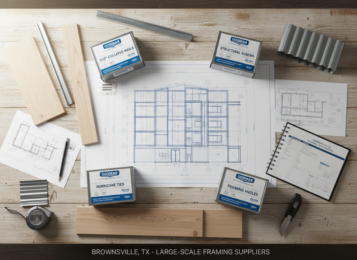 A detailed overhead photographic shot of a contractor-style planning table covered with construction framing materials and reference documents, but without any human presence. Precise blueprints for a wood-framed structure lie flat, weighted at the corners by boxes of framing nails, structural screws, and metal brackets bearing neutral, professional labels referencing Gosmar Plus, LLC. Around the plans, sample sections of lumber, metal studs, and a short length of corrugated sheet are neatly arranged, illustrating application context. Soft, diffused natural light from an unseen side window blends with subtle overhead illumination, minimizing harsh shadows and allowing printed text and material textures to remain clear. The top-down composition keeps everything in sharp focus, creating a clean, organized, highly professional mood that highlights Gosmar Plus as a technical partner for large-scale framing suppliers in Brownsville, TX.