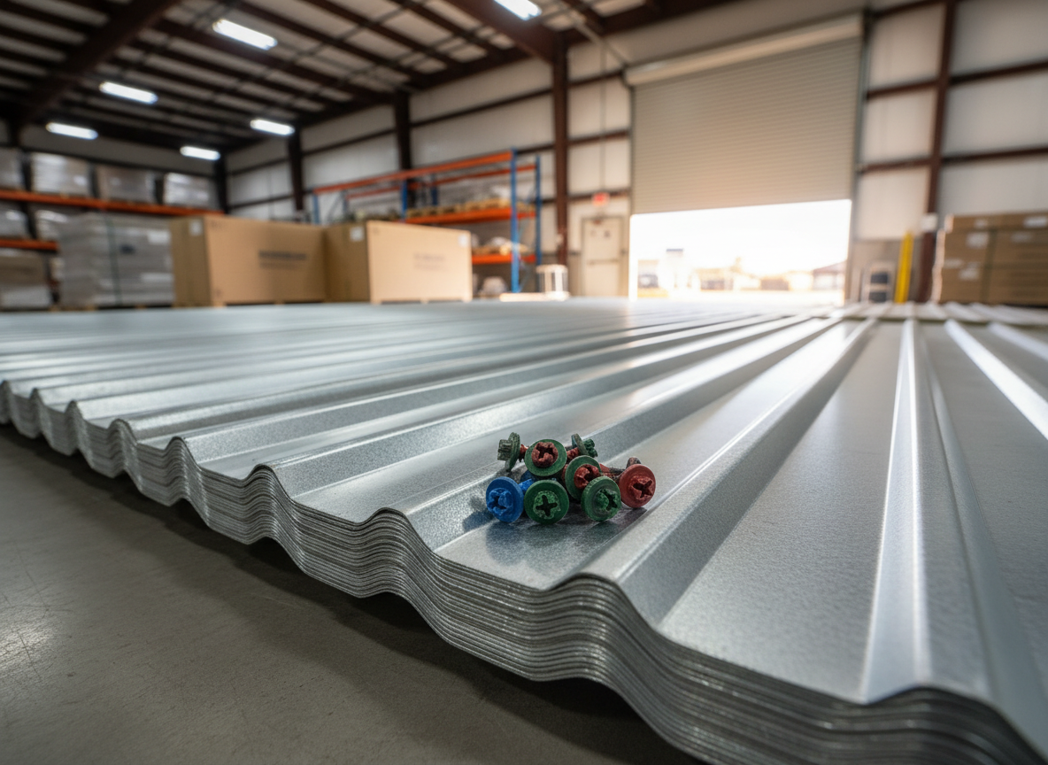 A stack of shiny, corrugated metal roofing sheets arranged diagonally across a smooth concrete floor, with their ribs aligned in perfect parallel lines leading into the distance. In the foreground, a small grouping of color-coated roofing screws with rubber washers and hex heads is carefully placed on one of the top sheets, showcasing precise details and durable finishes. The setting is the loading area of a professional construction supply warehouse, with a metal roll-up door half-open in the background, allowing warm South Texas daylight to spill in. The mixed natural and cool indoor lighting creates dynamic highlights along the corrugations and subtle reflections on the screw heads. Photographed from a low, three-quarter angle with moderate depth of field, the composition draws the eye along the sheets, projecting strength, durability, and wholesale availability for framing and roofing projects.